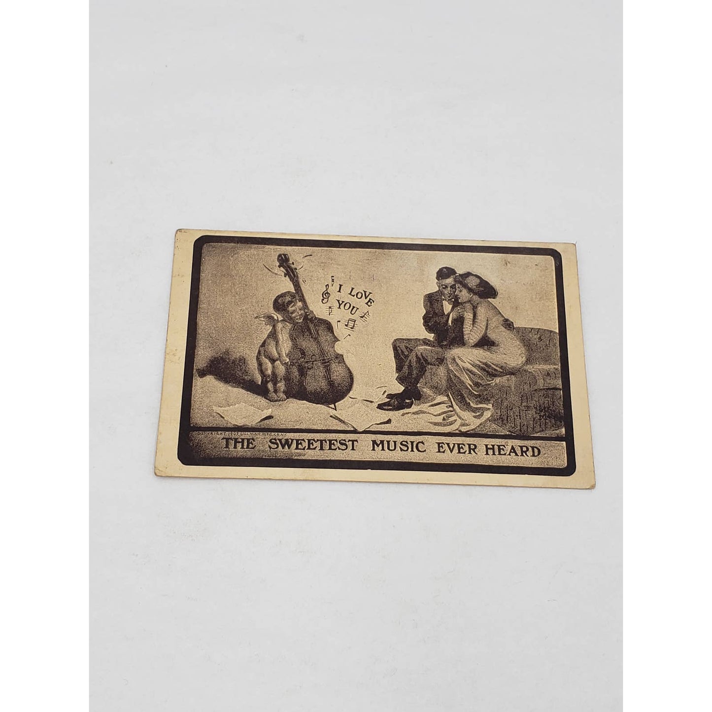 c1919 Romance Love Sweetest Music Ever Heard Couple Cherub Antique Postcard