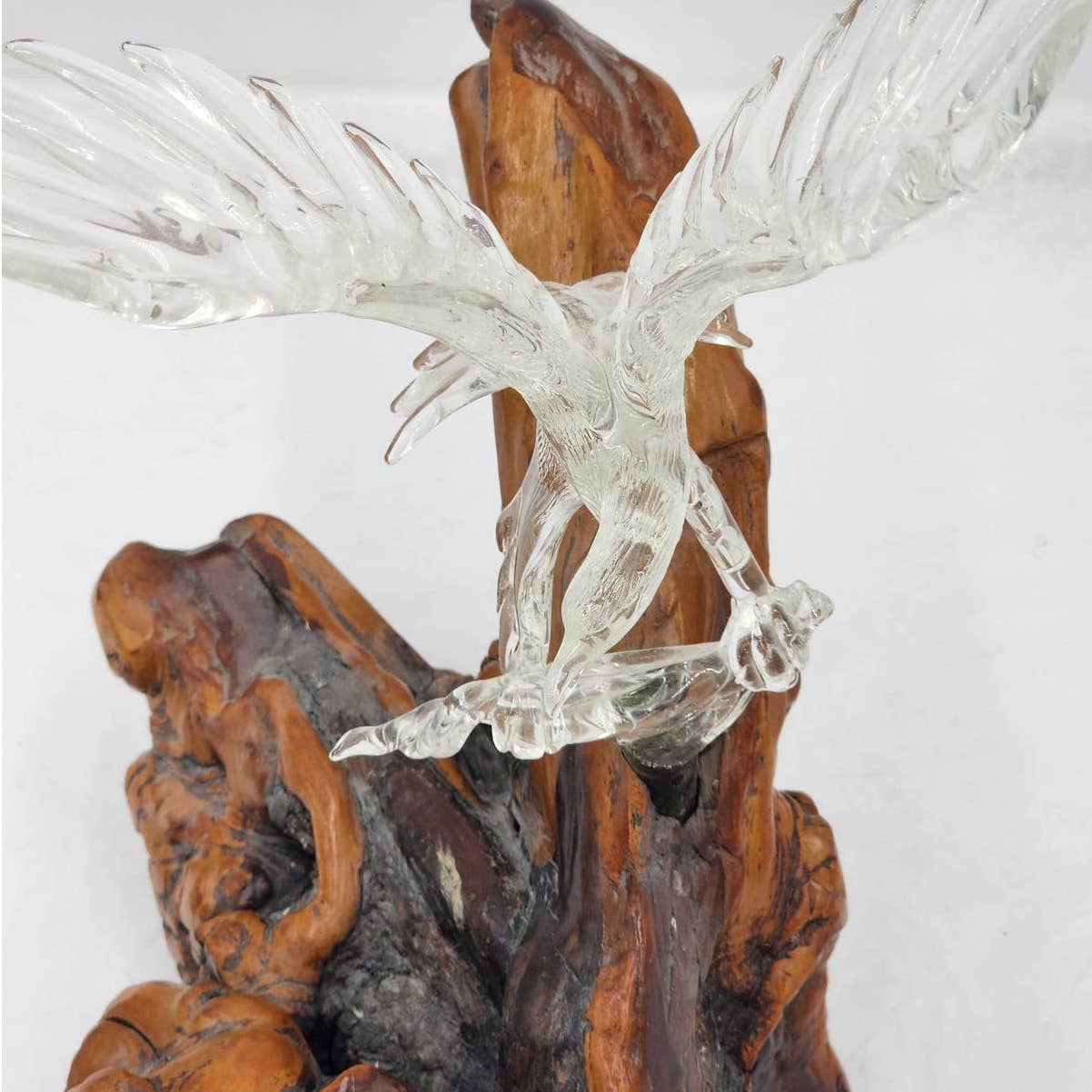 Vintage Glass Eagle Resting Glass Branch Rested Large Wood Base Tree Trunk 16"