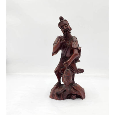 Vintage Asian Chinese Fisherman Hand Carved Wooden Sculpture Sage Elder Fish 12"