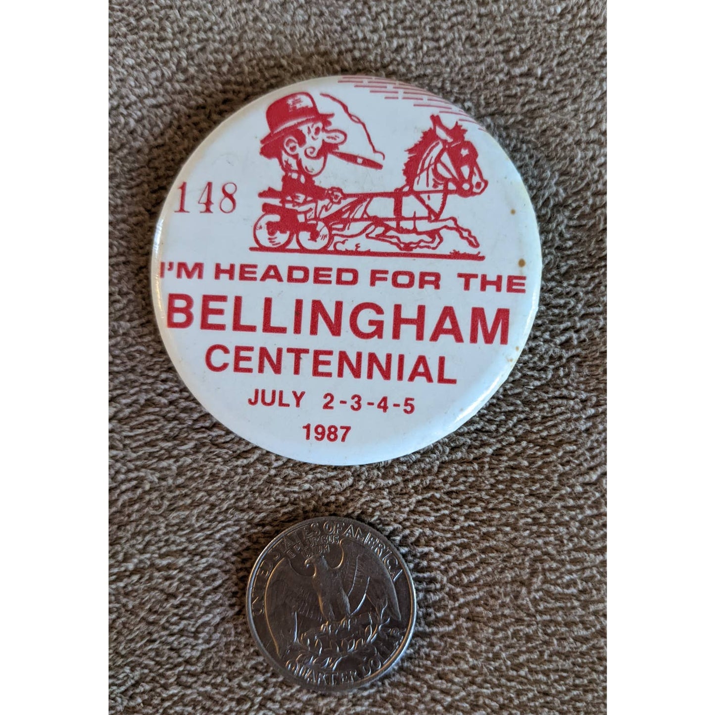 Vintage 1980s Pinback Bellingham Centennial Horse Buggy Image 148 July 1987 Pin