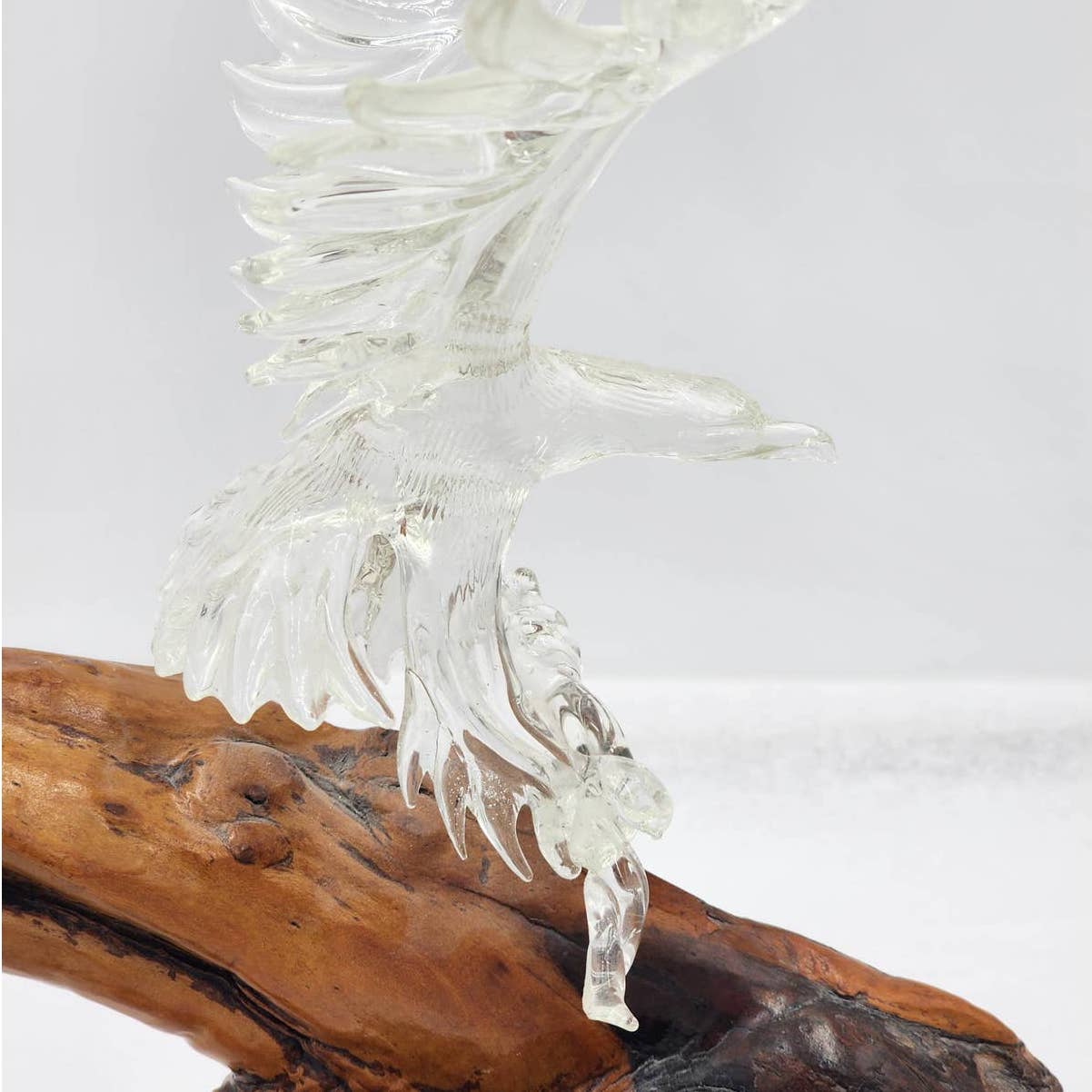 Vintage Glass Eagle Resting Glass Branch Rested Large Wood Base Tree Trunk 16"