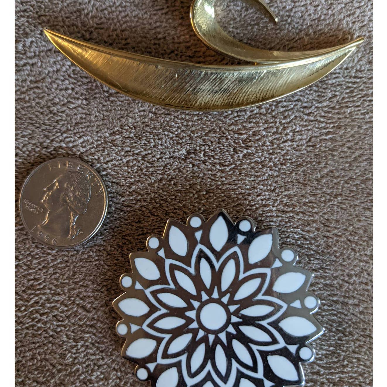 Vintage Trifari Set of 2 Gold Tone Crown And Silver Tone Snowflake Pin Brooch