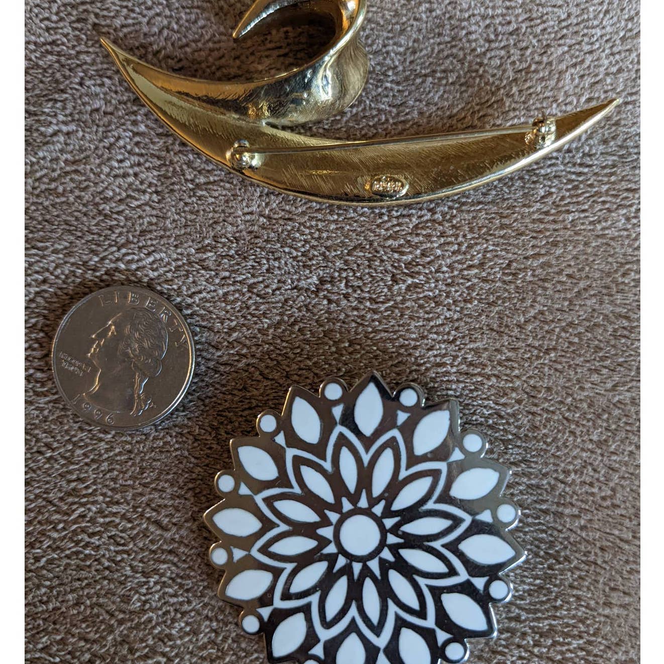 Vintage Trifari Set of 2 Gold Tone Crown And Silver Tone Snowflake Pin Brooch