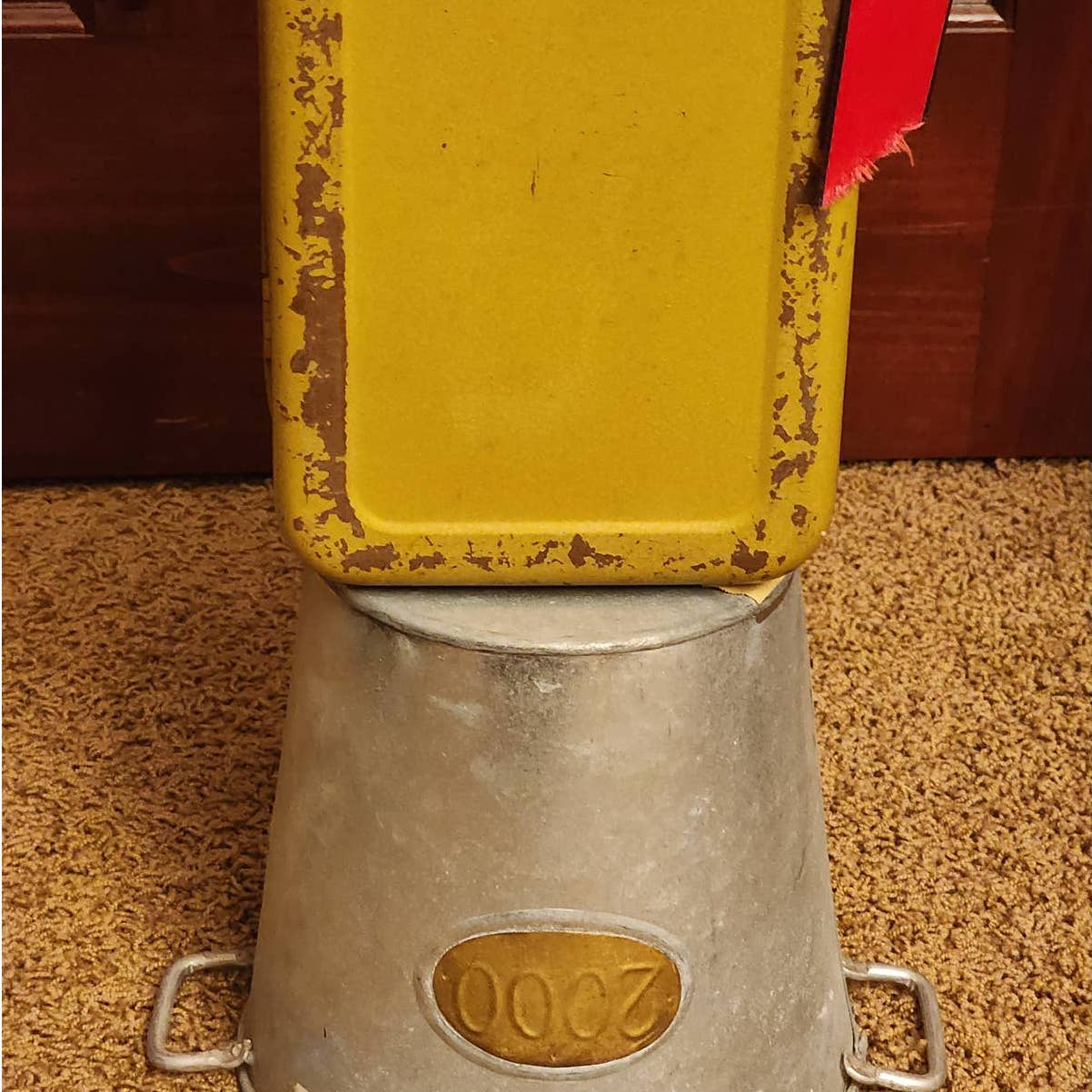 Large Metal Art Sculpture Whimsical Fisherman Ice Fishing Tackle Box W/Rod 32"