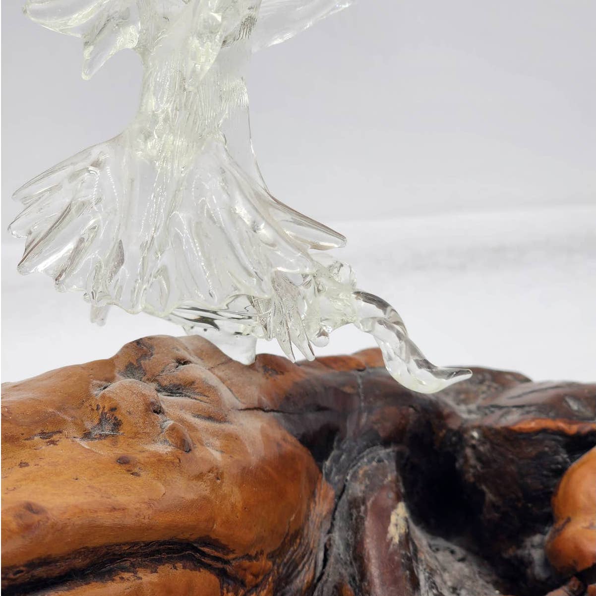 Vintage Glass Eagle Resting Glass Branch Rested Large Wood Base Tree Trunk 16"