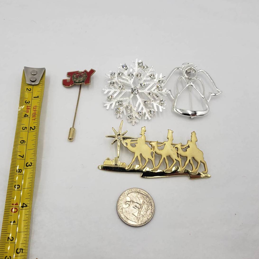 Merry Christmas Brooch Lot of 4 Joy Stickpin, Angel, Snowflake, Three Wise Man