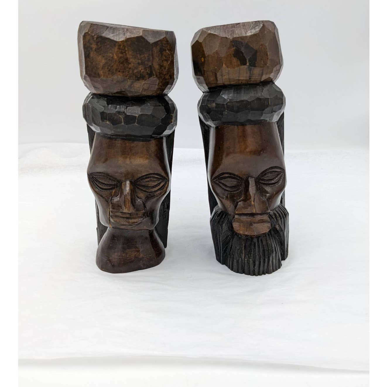Vintage Jamaica Wooden Carved Bust Figurine Pair Female And Bearded Male 9" Tall