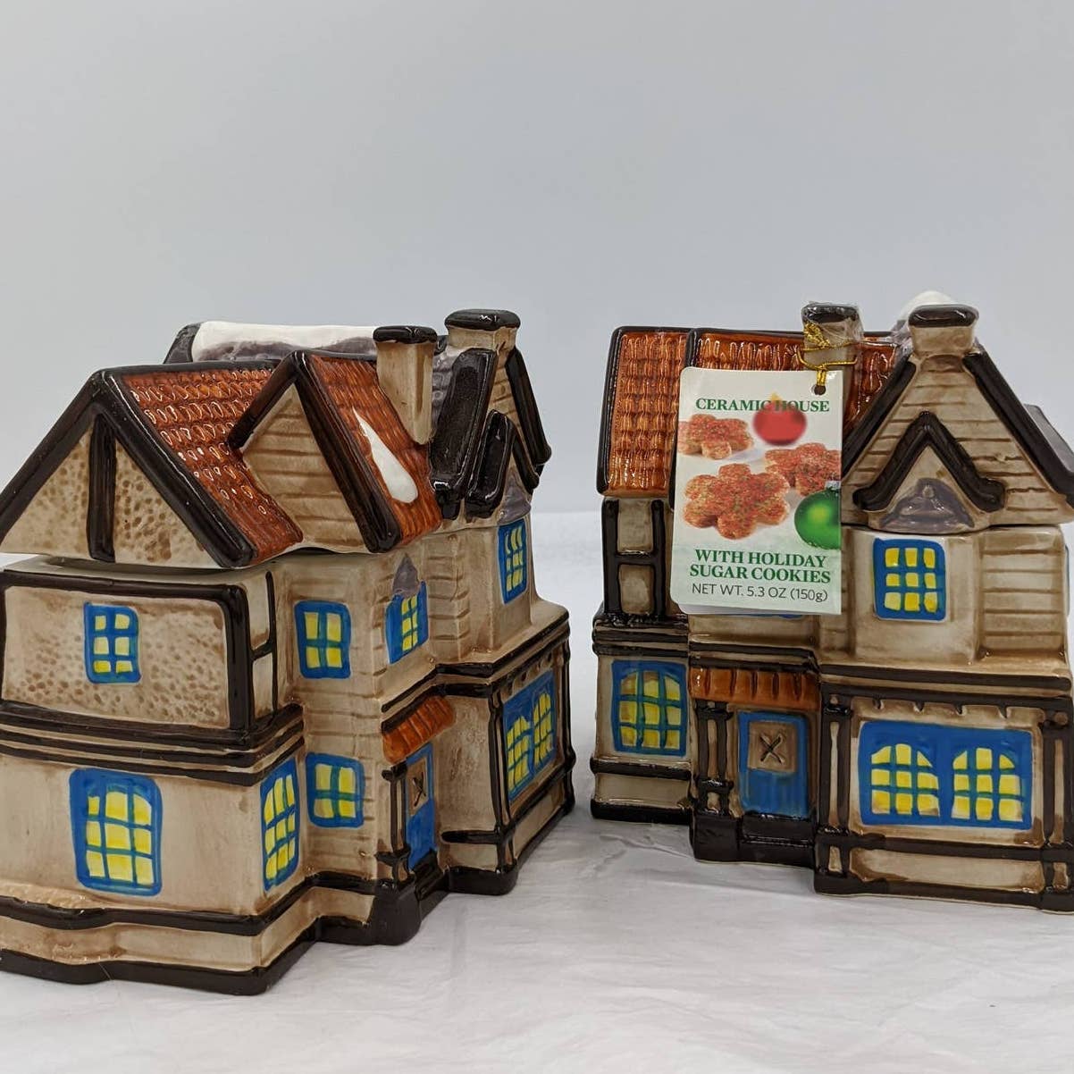 Vintage CIB Ceramic House Victorian Holiday Cookie Jars Canister Israel Set of 2