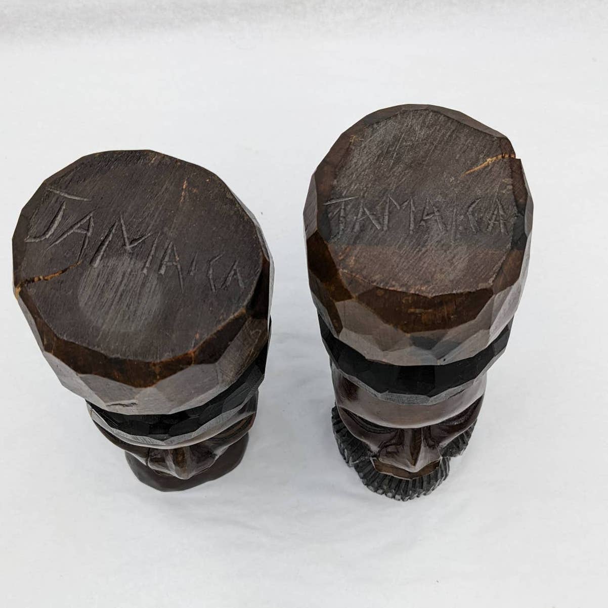 Vintage Jamaica Wooden Carved Bust Figurine Pair Female And Bearded Male 9" Tall