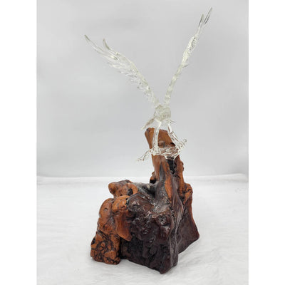Vintage Glass Eagle Resting Glass Branch Rested Large Wood Base Tree Trunk 16"