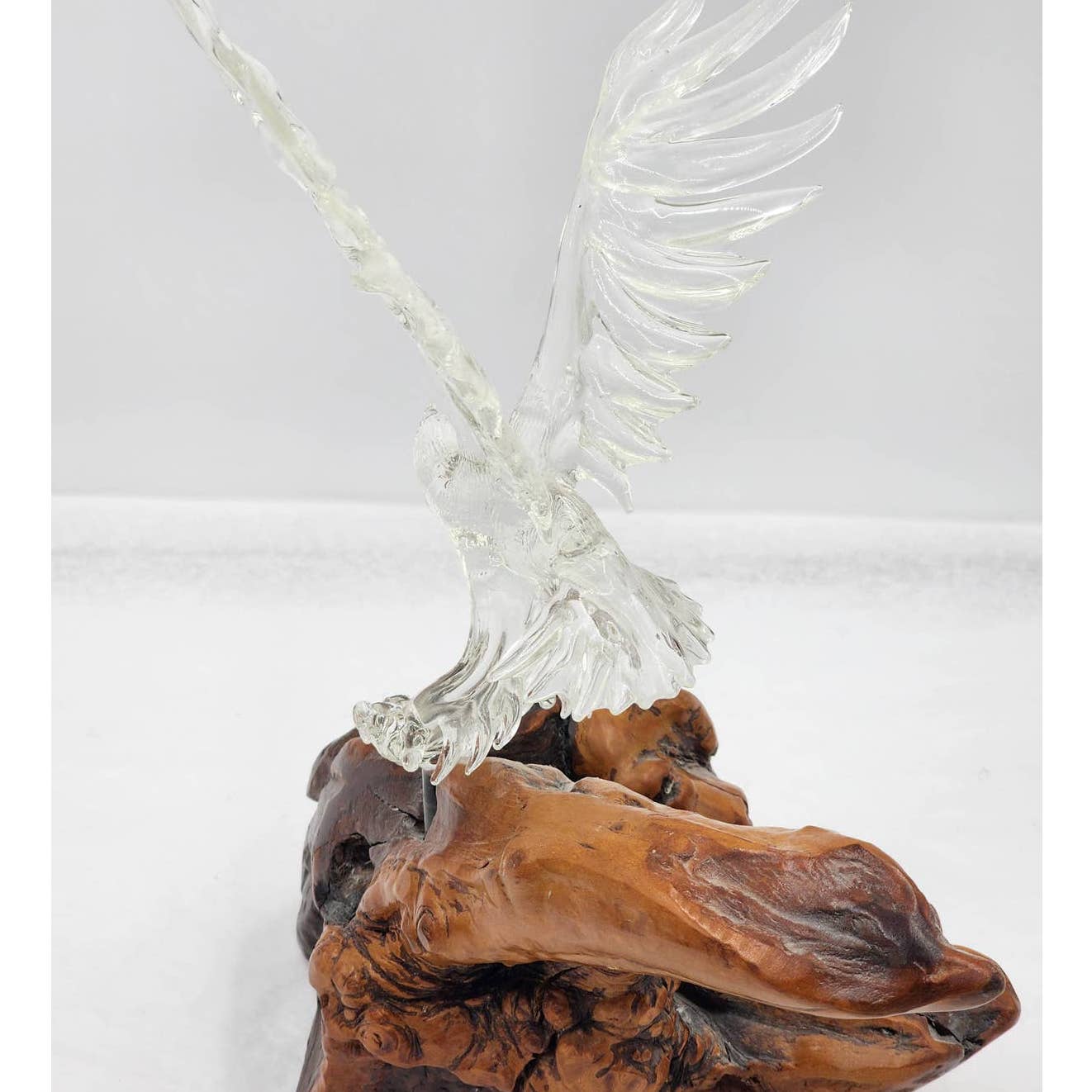 Vintage Glass Eagle Resting Glass Branch Rested Large Wood Base Tree Trunk 16"