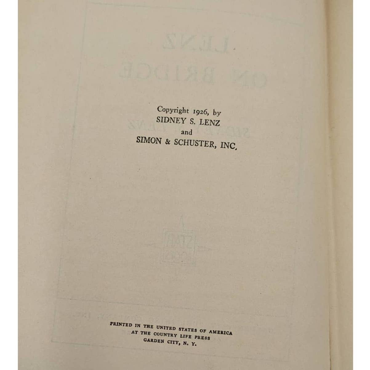 Lenz On Bridge By Sidney Lenz A Star Book Classic Bridge Manual Antiquarian 1926