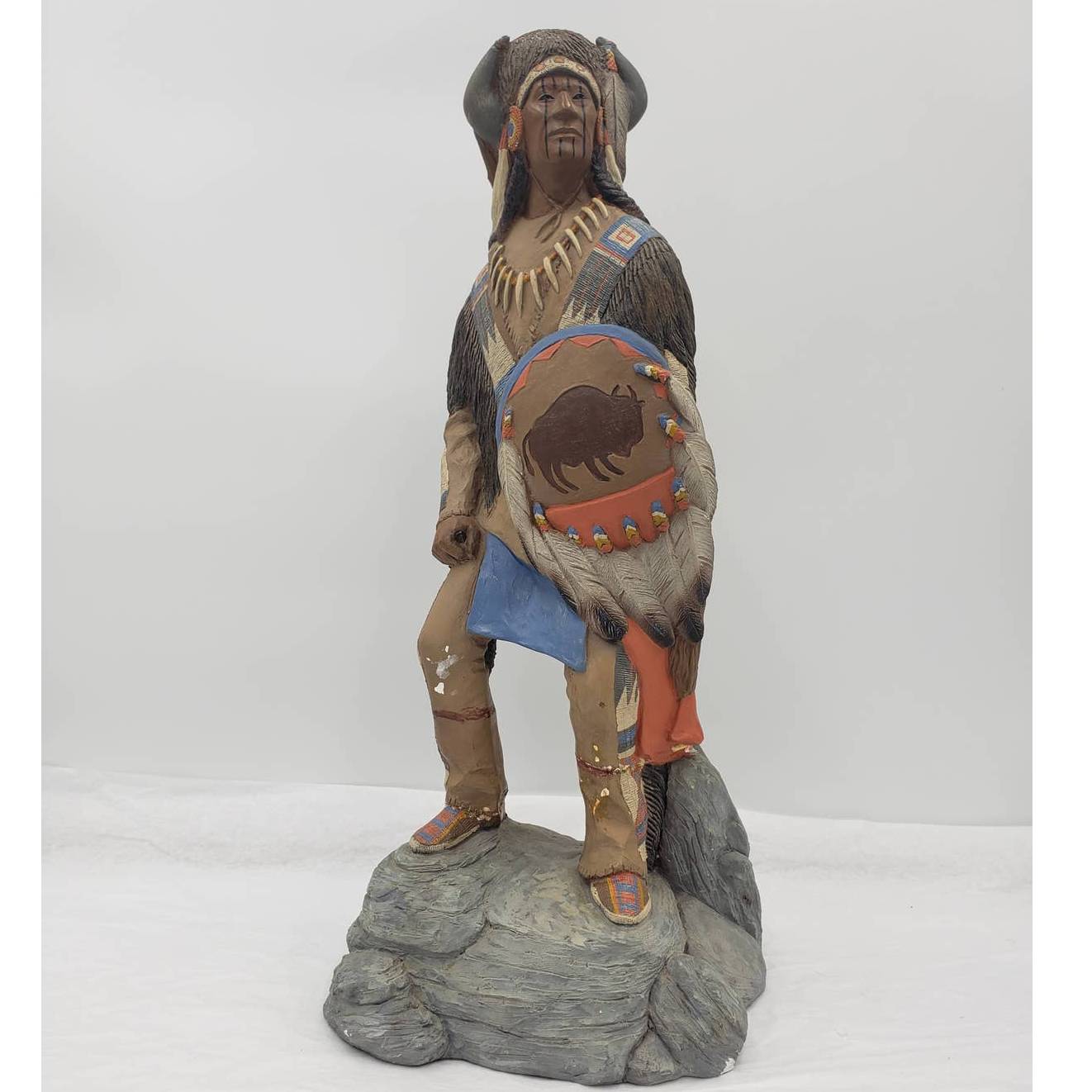 Vintage Teissedre Native American Figurine Holding Shield Made in USA 17" Tall
