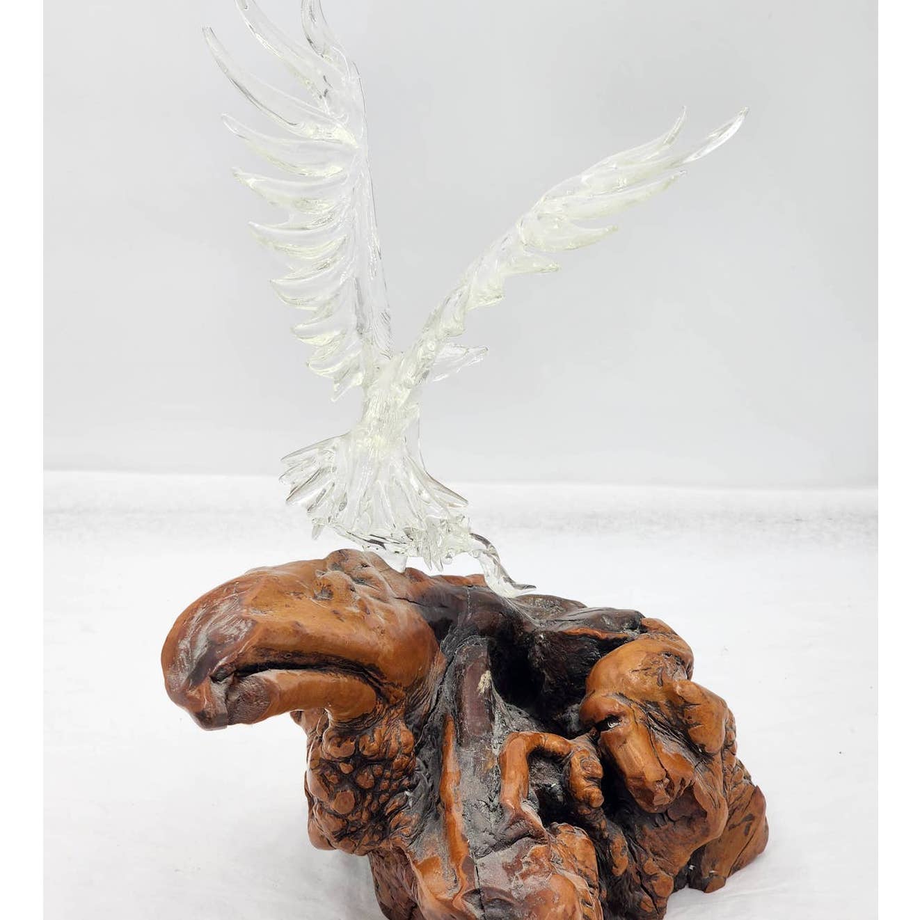 Vintage Glass Eagle Resting Glass Branch Rested Large Wood Base Tree Trunk 16"