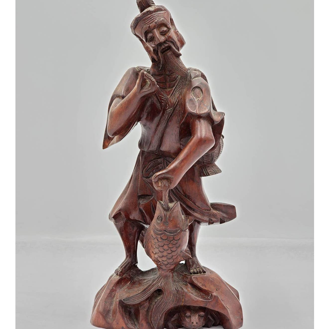 Vintage Asian Chinese Fisherman Hand Carved Wooden Sculpture Sage Elder Fish 12"