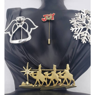 Merry Christmas Brooch Lot of 4 Joy Stickpin, Angel, Snowflake, Three Wise Man
