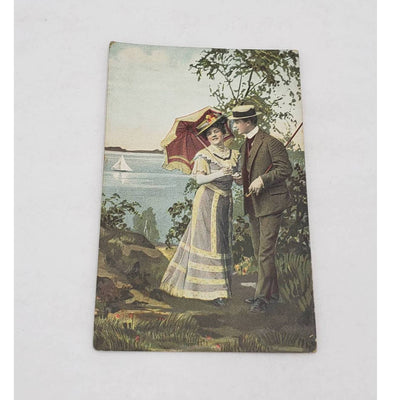 Early 1900s Romance Antique Postcard Stock Photo Couple Stroll Umbrella Romantic