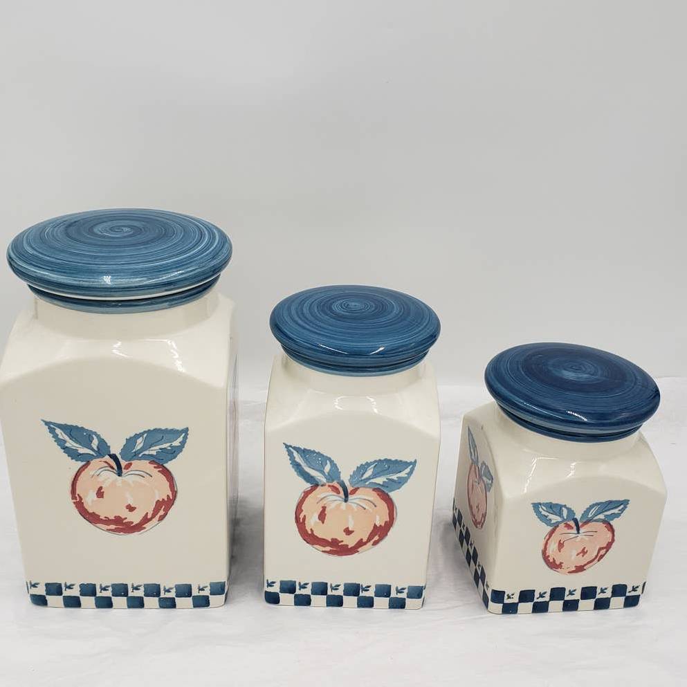 Canister w/Lids Set of 3 Marketplace Apples and Gingham Portugal 9" Tallest