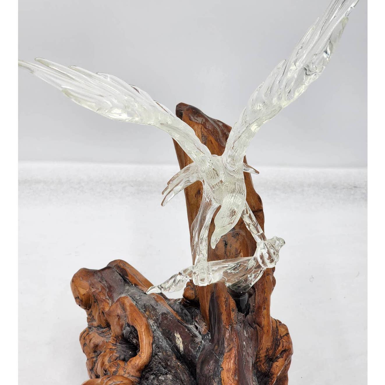 Vintage Glass Eagle Resting Glass Branch Rested Large Wood Base Tree Trunk 16"