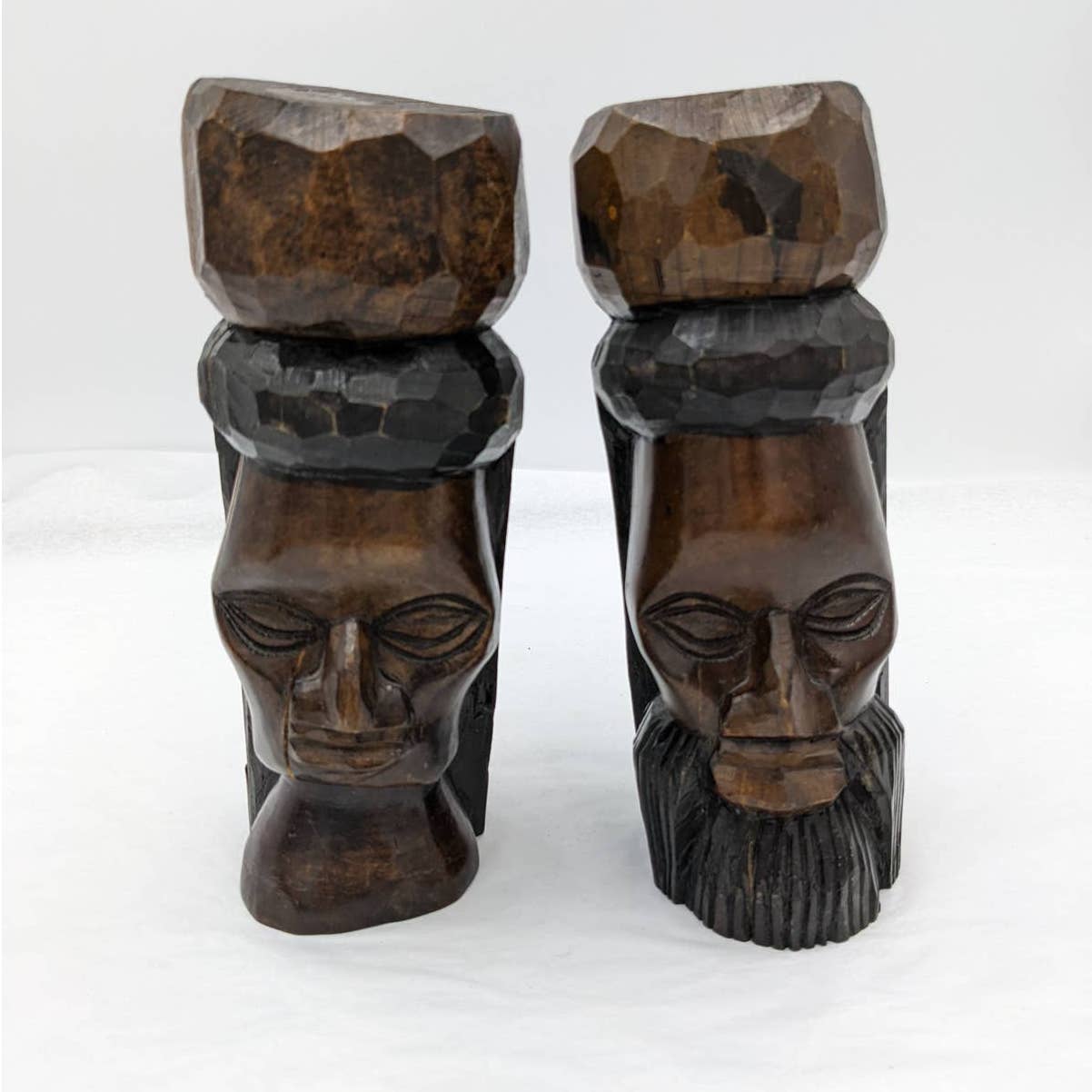 Vintage Jamaica Wooden Carved Bust Figurine Pair Female And Bearded Male 9" Tall