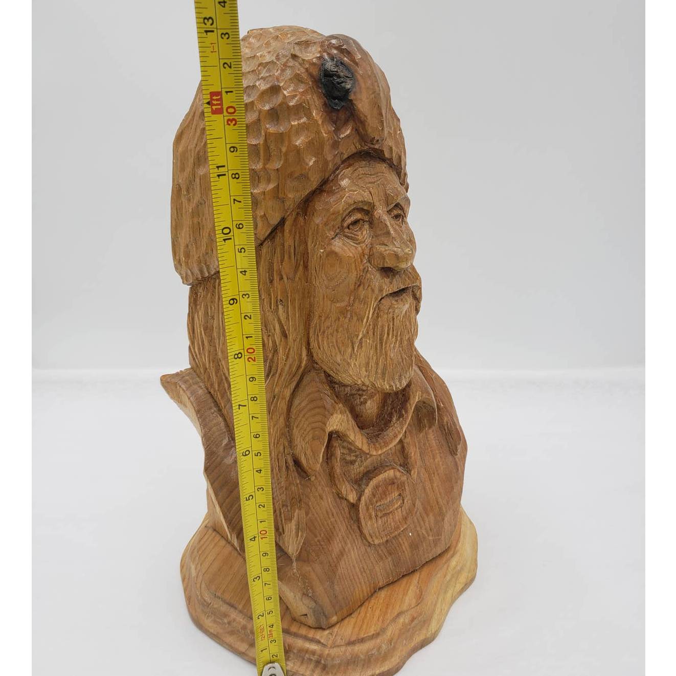 Vintage Wood Carved Trapper Man Bearded Bust Sculpture Wood Carving 13" Tall