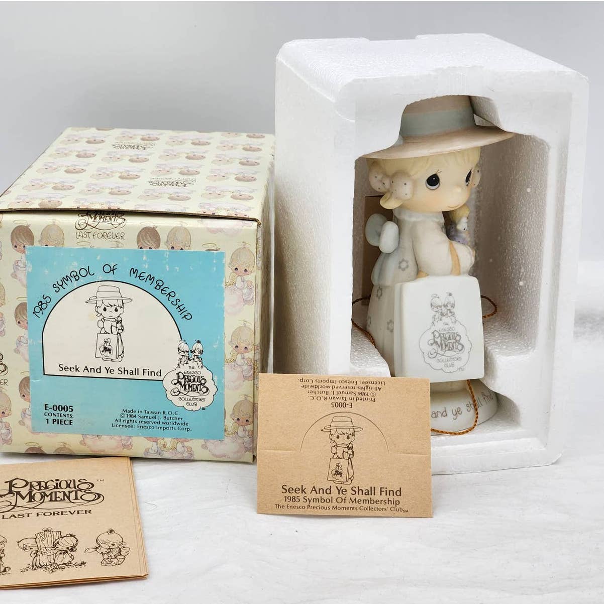 Precious Moments Figurine Seek and Ye Shall Find E-0005 1985 Vintage w/Box Tags
