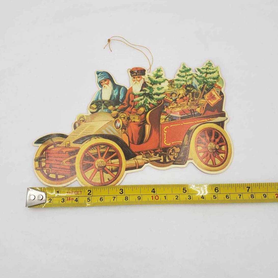 Vintage 1985 Merrimack Santa Vehicle Christmas Die Cut Hanging Card Ornament