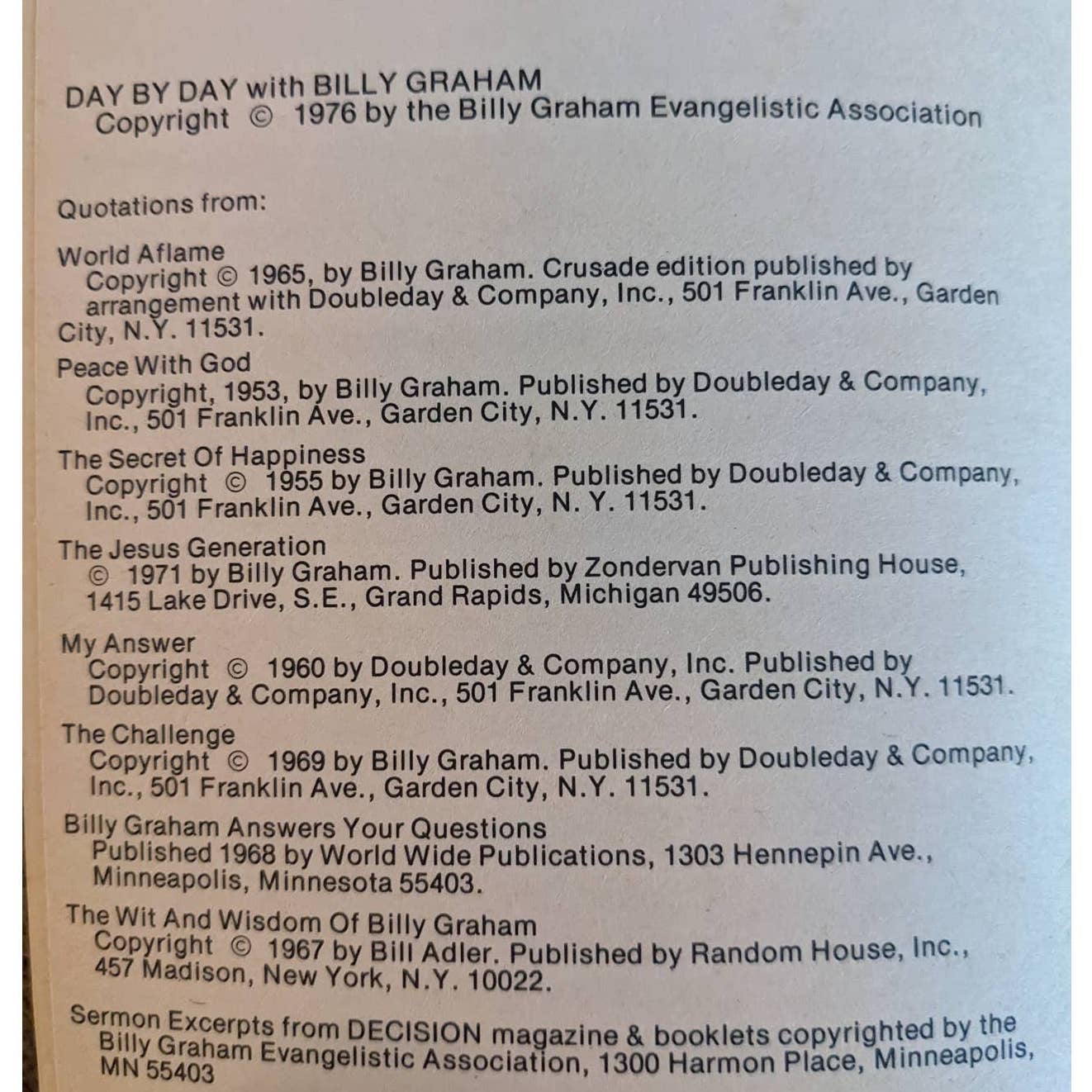 1976 Day By Day With Billy Graham 365 Daily Meditations Christian Devotional
