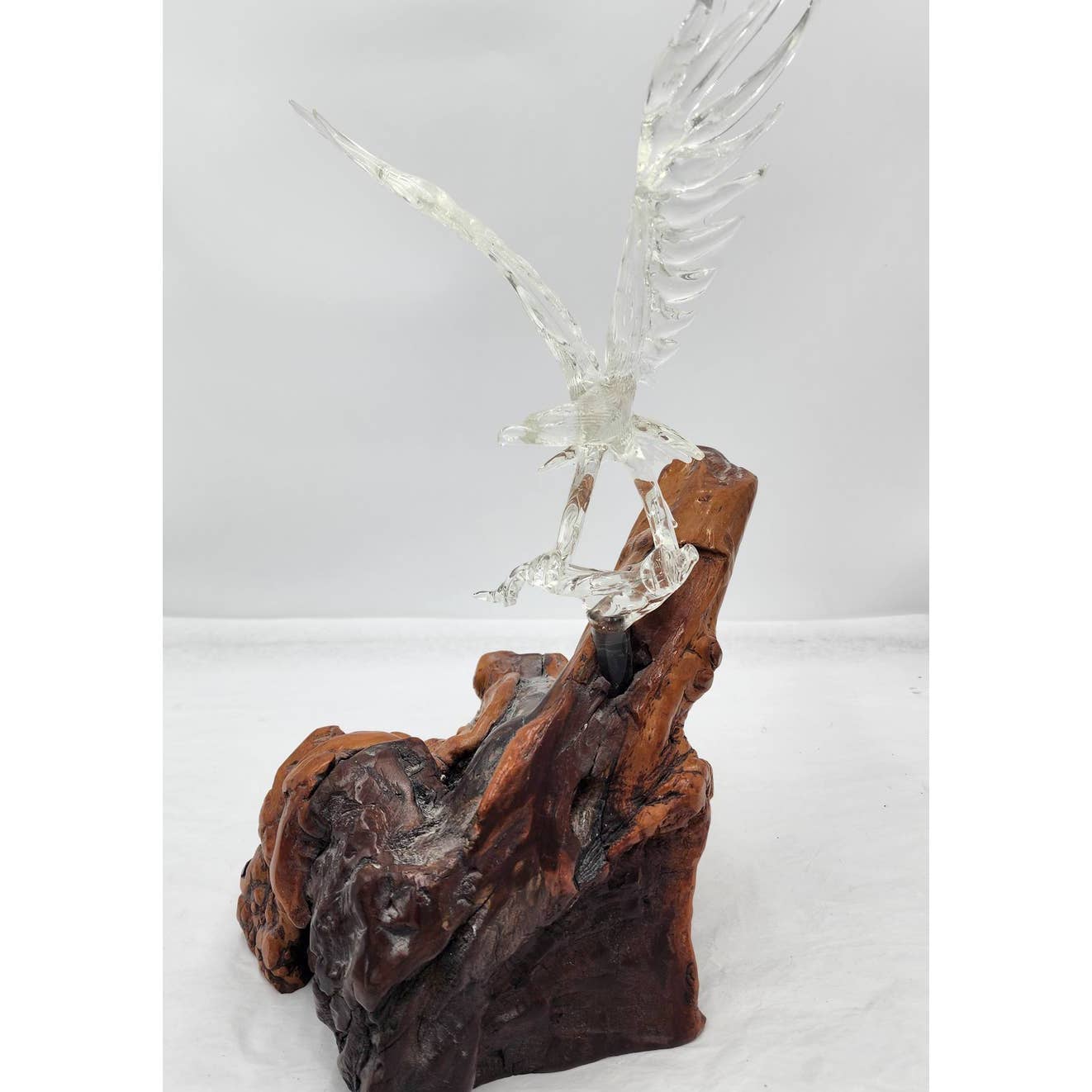 Vintage Glass Eagle Resting Glass Branch Rested Large Wood Base Tree Trunk 16"