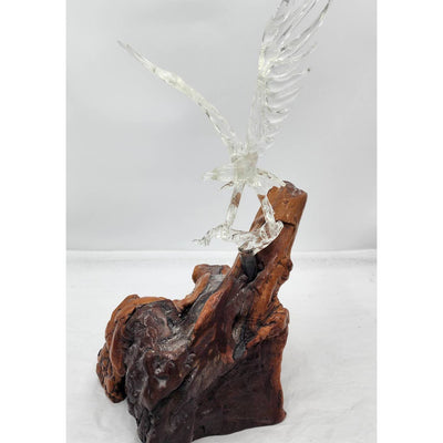 Vintage Glass Eagle Resting Glass Branch Rested Large Wood Base Tree Trunk 16"