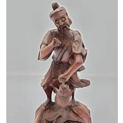 Vintage Asian Chinese Fisherman Hand Carved Wooden Sculpture Sage Elder Fish 12"