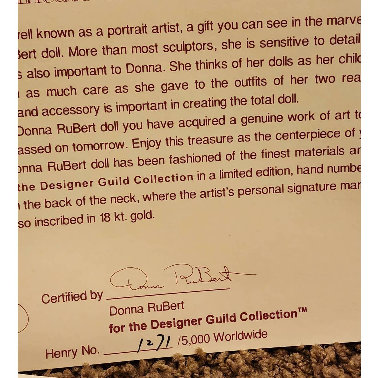 Donna Kelly RuBert Dolls Hannah Henry Time Out Designer Guild Collection COA Box