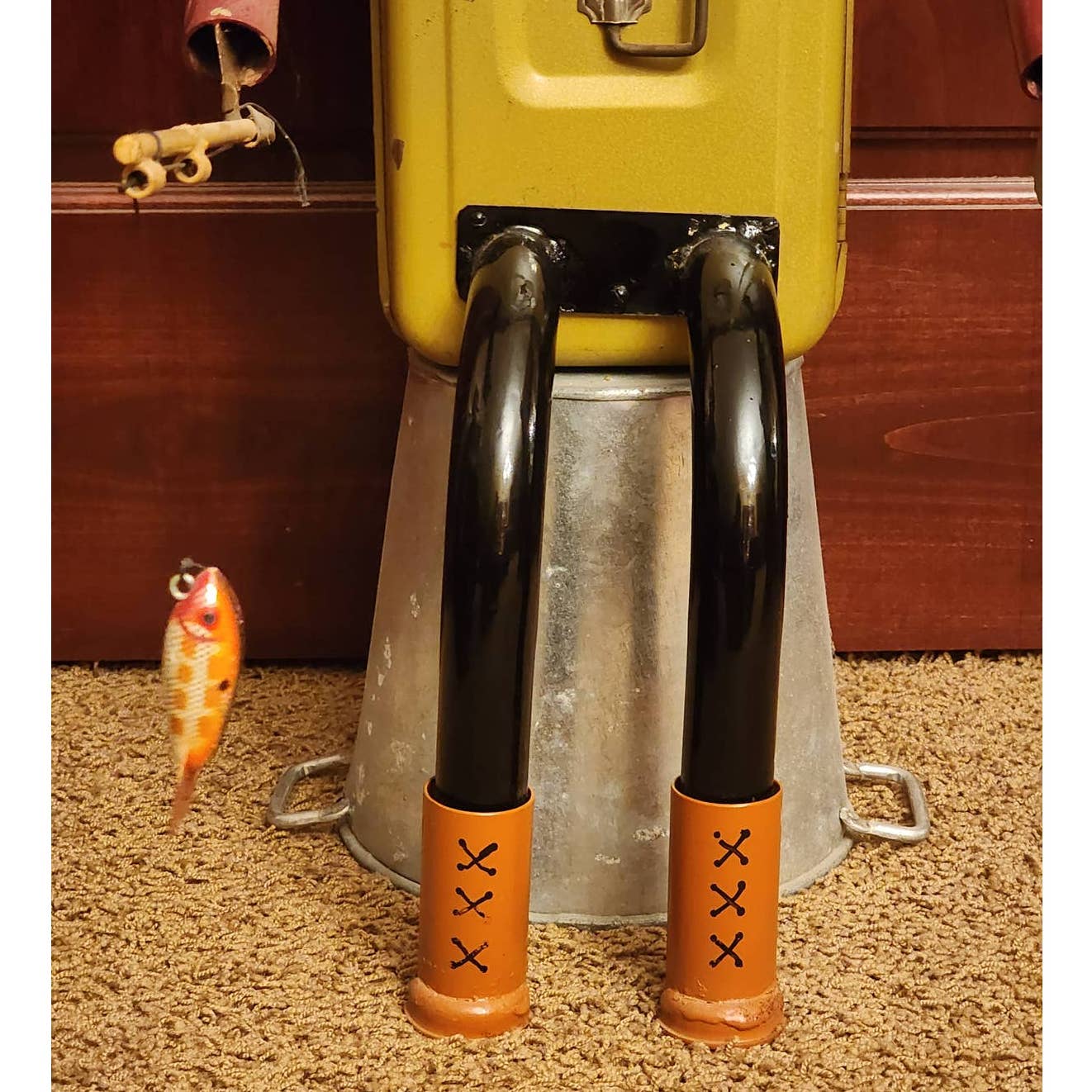 Large Metal Art Sculpture Whimsical Fisherman Ice Fishing Tackle Box W/Rod 32"
