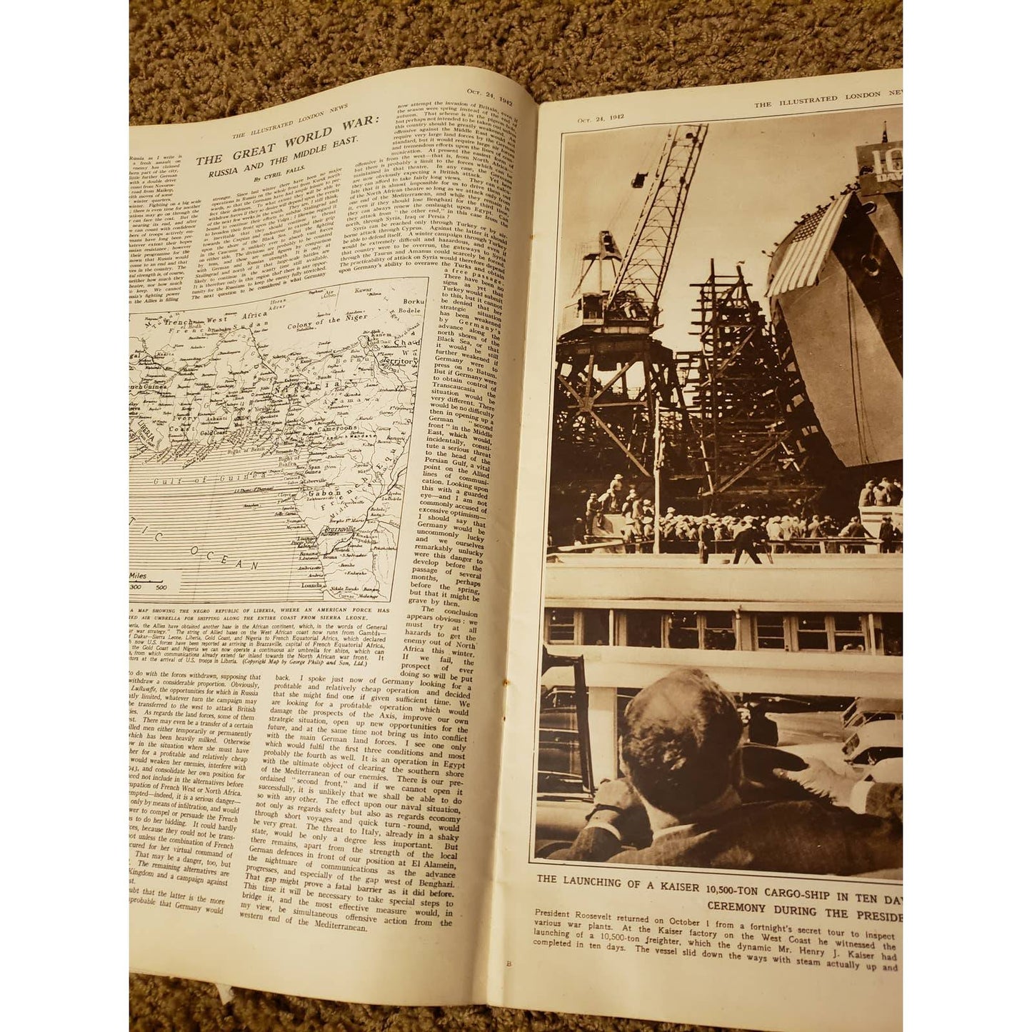 Vintage Illustrated London News Magazine Oct 24 1942 WW2 Battleship, VTG Haig Ad
