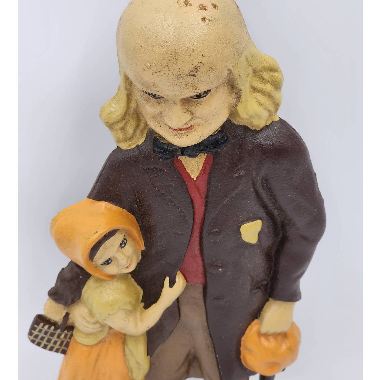 Vintage Ben Franklin Cast Iron Doorstop Holding Cane Hugging Girl Heavy 14" Tall