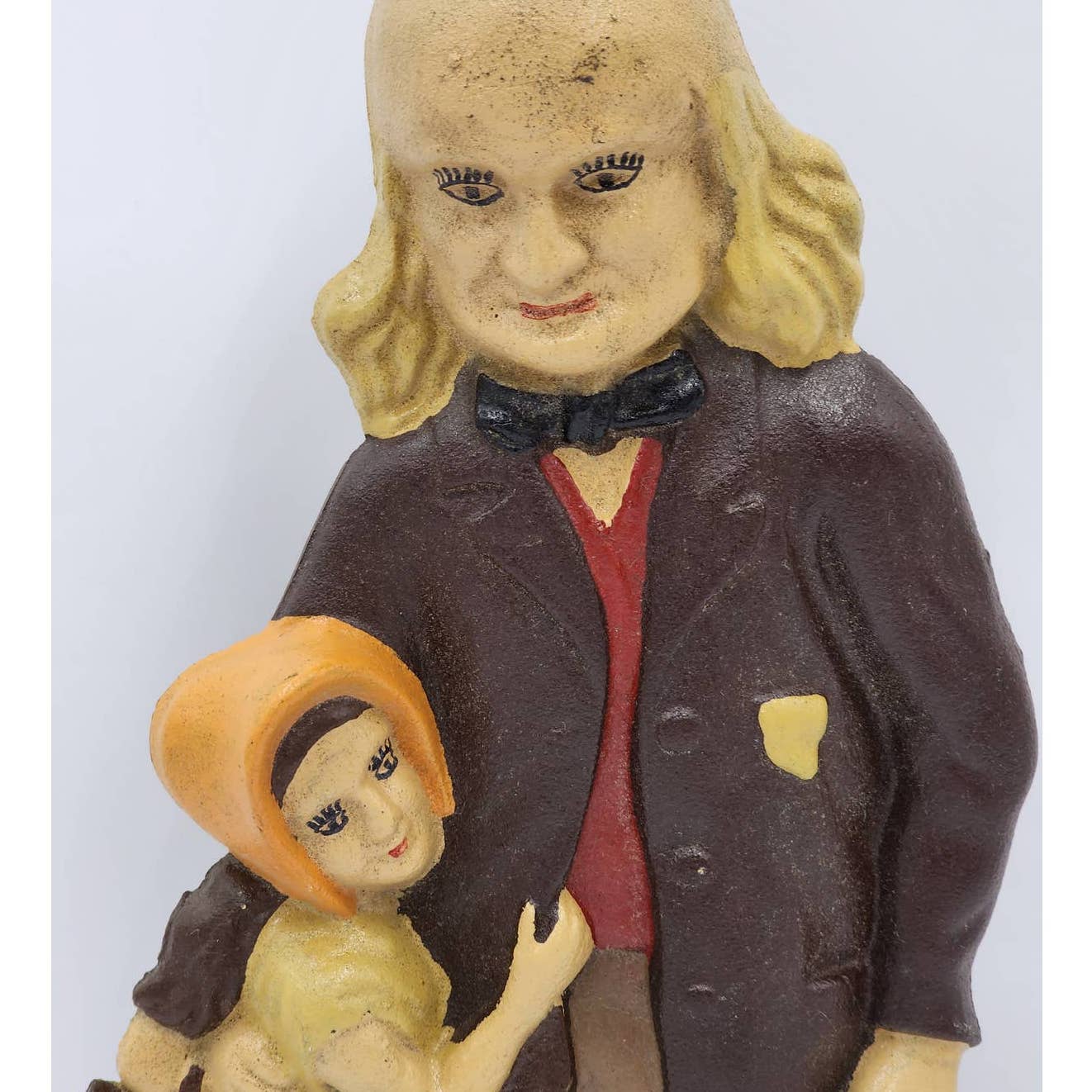Vintage Ben Franklin Cast Iron Doorstop Holding Cane Hugging Girl Heavy 14" Tall