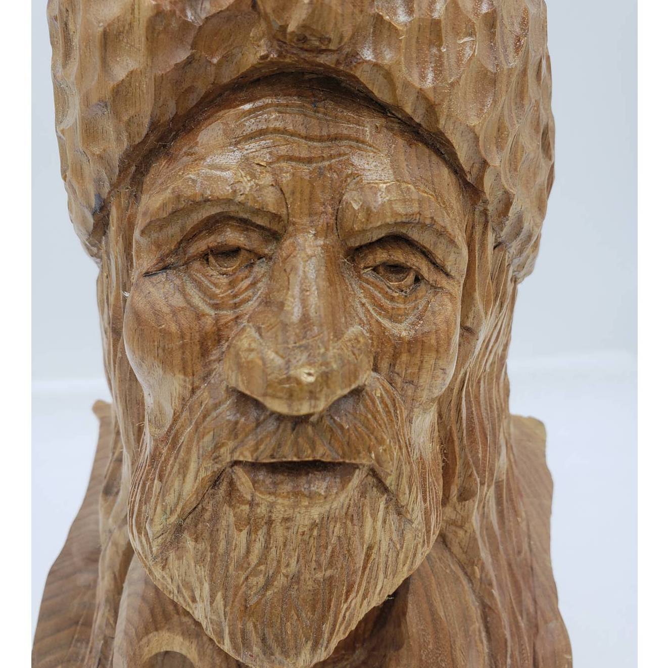 Vintage Wood Carved Trapper Man Bearded Bust Sculpture Wood Carving 13" Tall