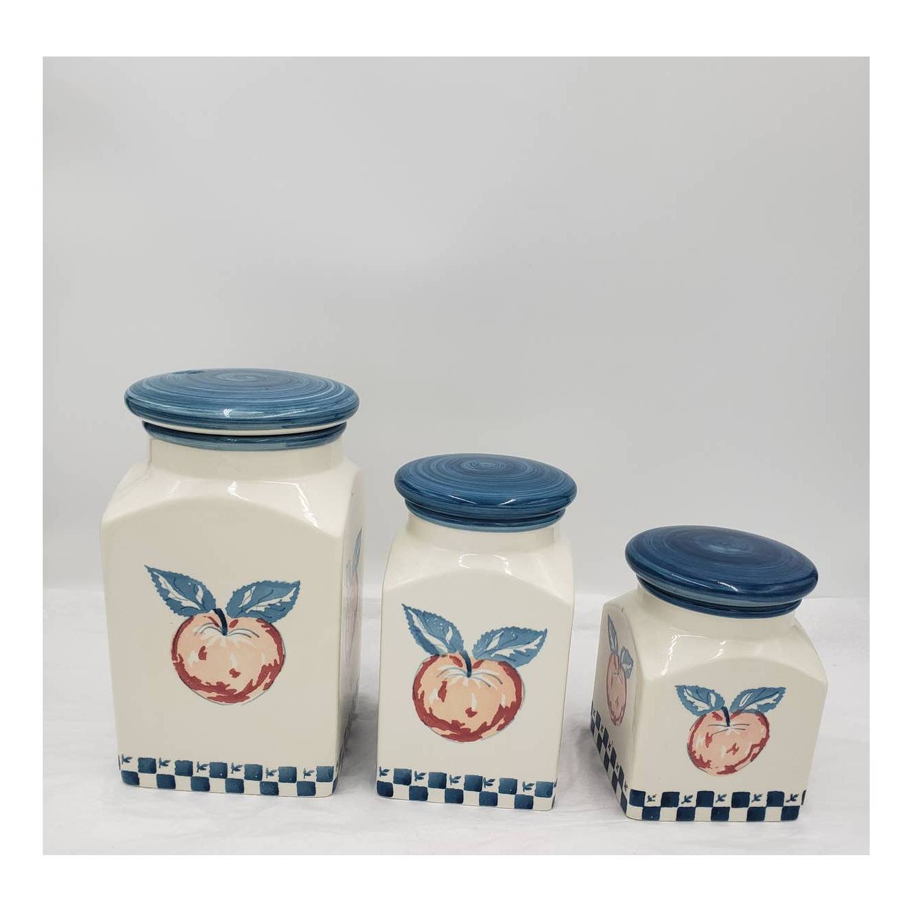Canister w/Lids Set of 3 Marketplace Apples and Gingham Portugal 9" Tallest